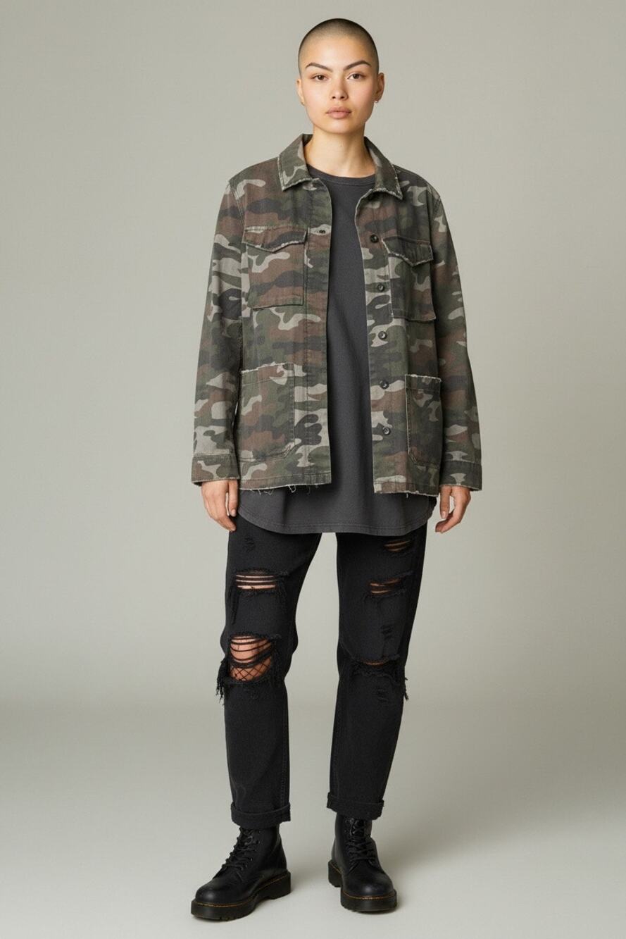Coffee Shop Distressed Camo Field Jacket Grunge Punk Gorpcore Shacket M